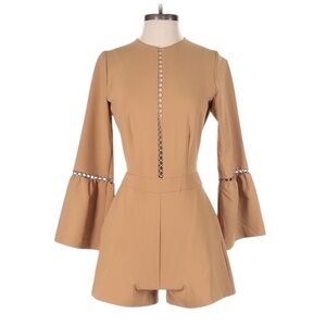 NWT! Karina Grimaldi Camel-Colored Bell-Sleeve Lattice-Trim Romper. Size Small.